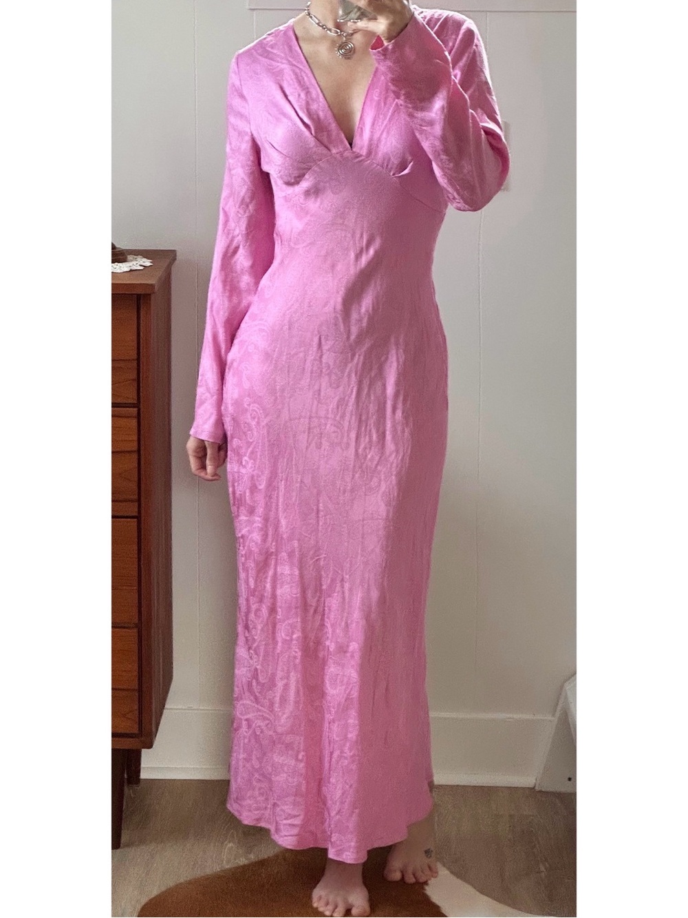 Zara pink jacquard deep v neck maxi dress long sleeve floral paisley print